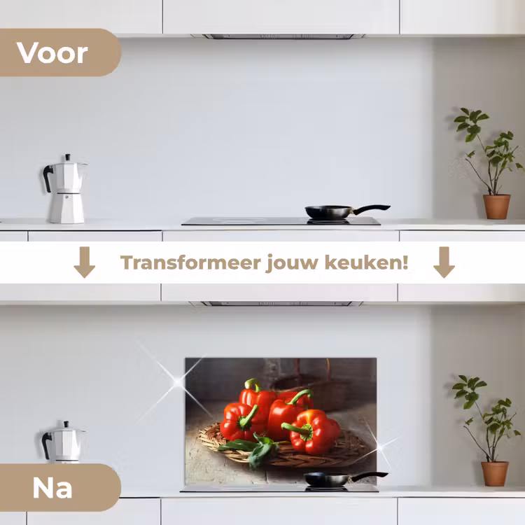 Spatscherm keuken - Vier rode paprika's op een rieten mand — 7