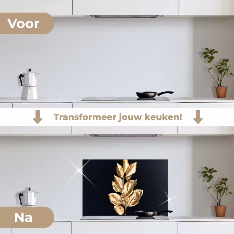 Spatscherm keuken - Plant - Bladeren - Goud - Zwart - Luxe — 7
