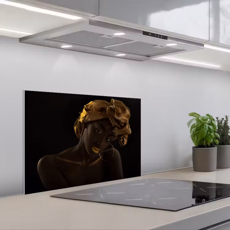 Spatscherm keuken - Vrouwen - Hoofddoek - Goud - Luxe — 1