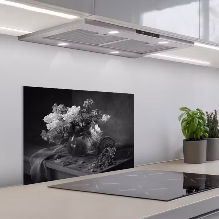 Spatscherm keuken - Stilleven - Kersen - Zwart - Wit — 1