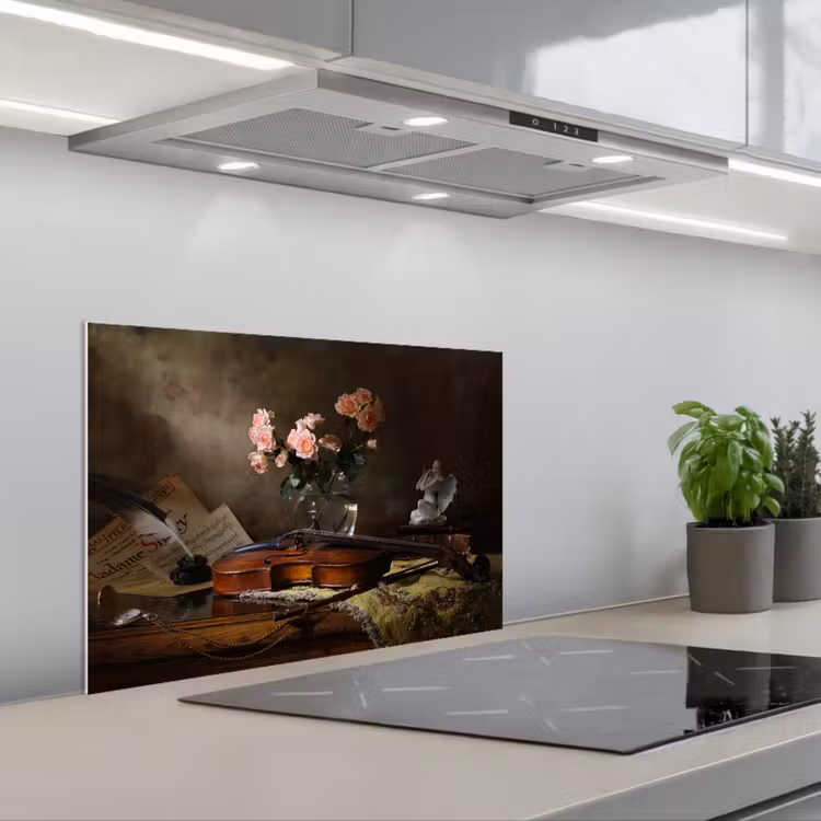 Spatscherm keuken - Viool - Rozen - Roze - Bloemen - Stilleven — 1