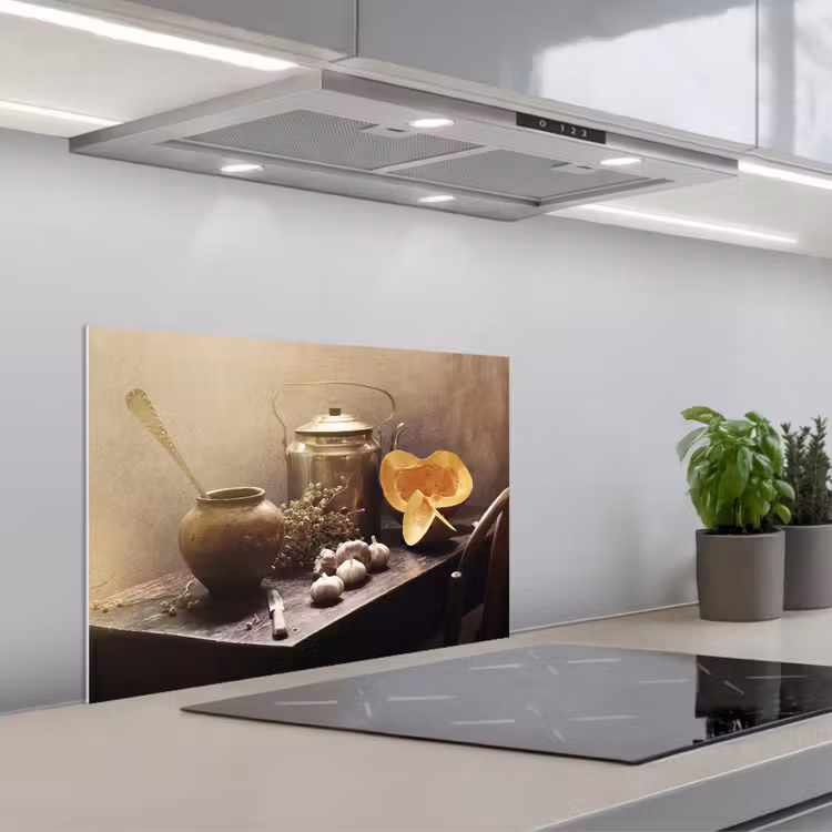 Spatscherm keuken - Stilleven - Pompoen - Knoflook - Pan - Tafel — 1