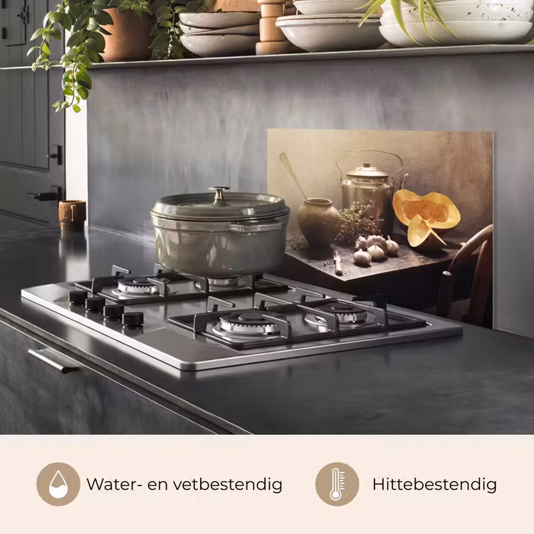 Spatscherm keuken - Stilleven - Pompoen - Knoflook - Pan - Tafel — 2