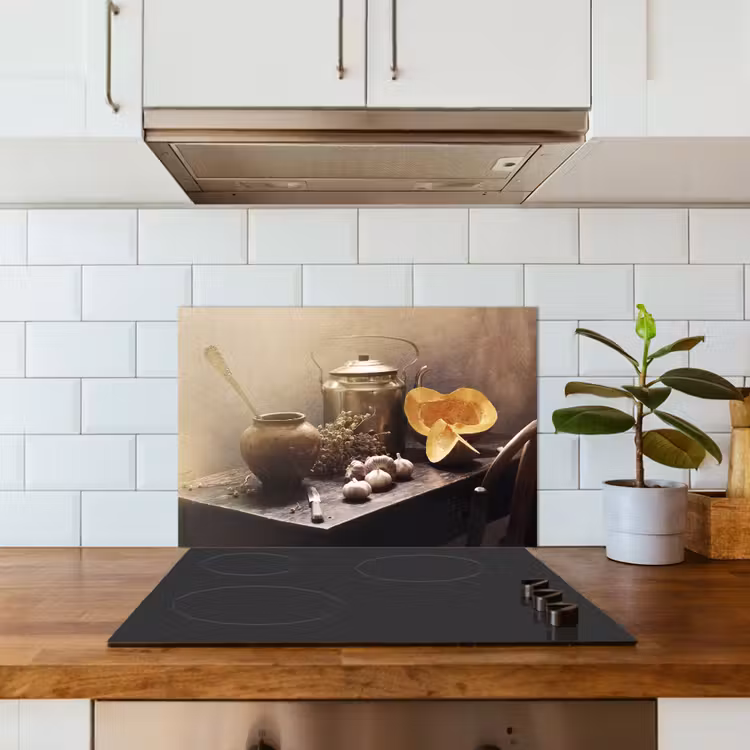 Spatscherm keuken - Stilleven - Pompoen - Knoflook - Pan - Tafel — 3