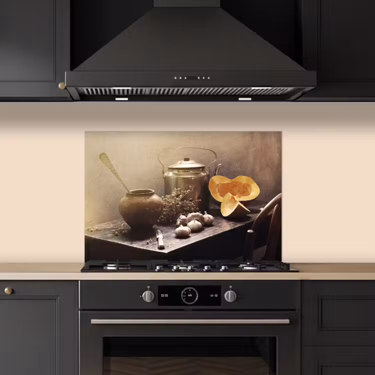 Spatscherm keuken - Stilleven - Pompoen - Knoflook - Pan - Tafel — 5