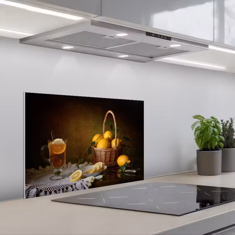 Spatscherm keuken - Stilleven - Thee - Citroen - Schilderij - Kunst — 1