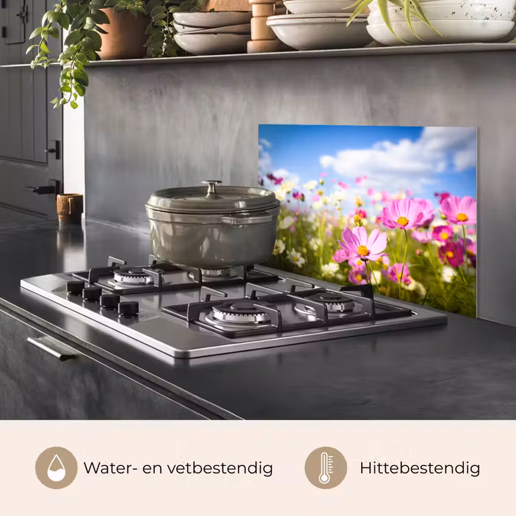 Spatscherm keuken - Bloemen - Wei - Paars - Gras - Wit - Wolken - Blauw — 2