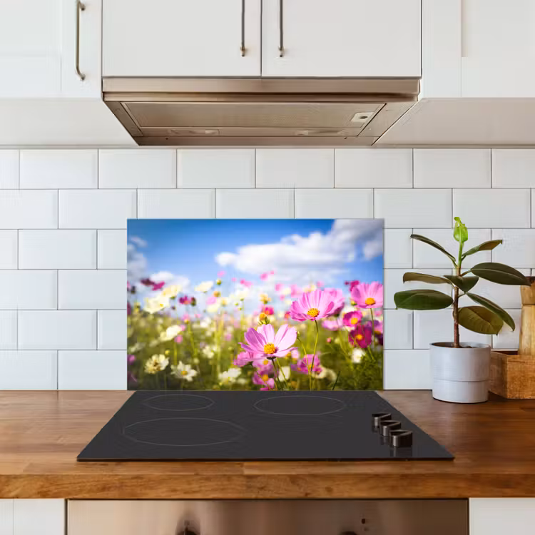Spatscherm keuken - Bloemen - Wei - Paars - Gras - Wit - Wolken - Blauw — 3