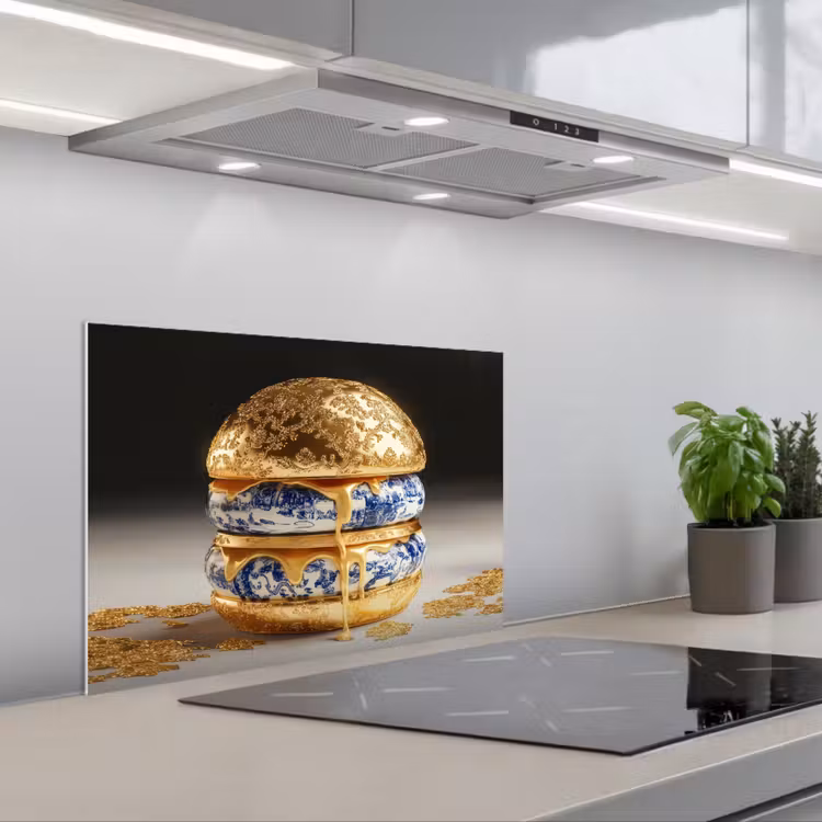 Spatscherm keuken - Delftsblauw - Goud - Burger — 1