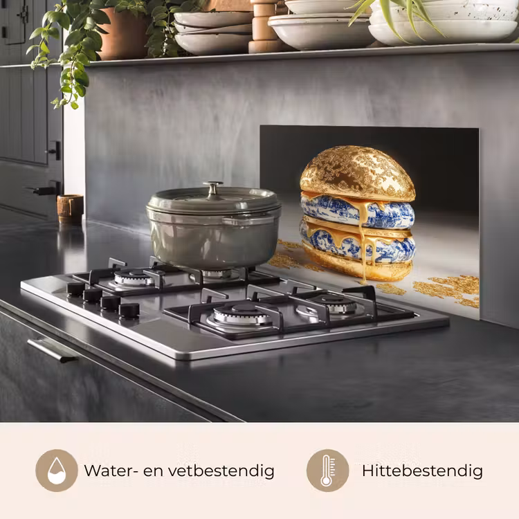 Spatscherm keuken - Delftsblauw - Goud - Burger — 2