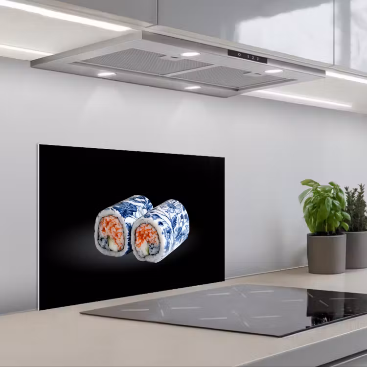 Spatscherm keuken - Sushi - Delfts blauw - Rijst - Vis - Elegant — 1