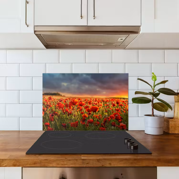 Spatscherm keuken - Zonsondergang - Klaprozen - Rood - Bloemen - Veld - Natuur — 3