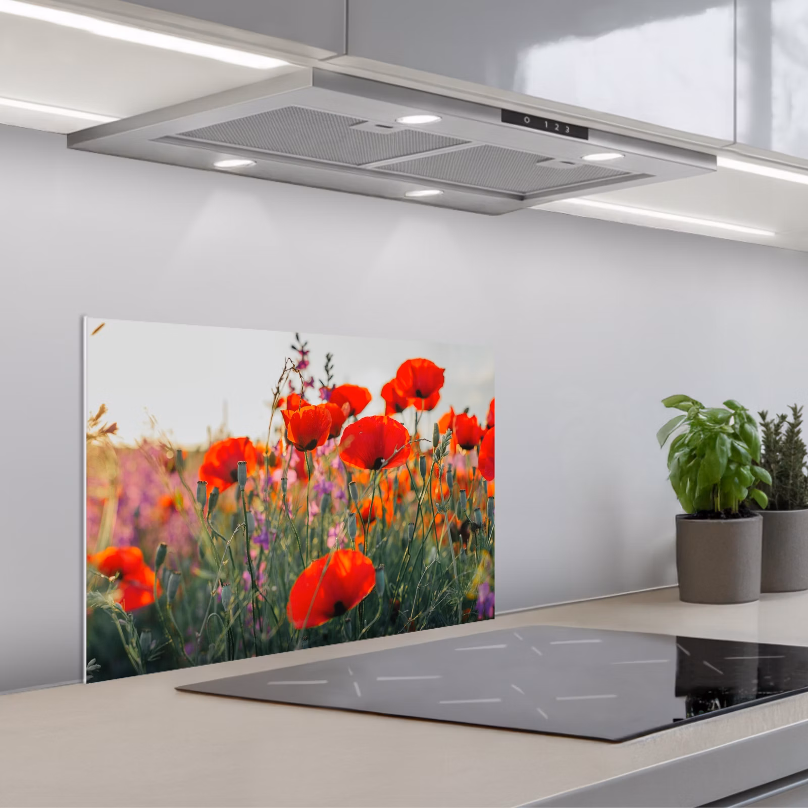 Spatscherm keuken - Klaproos - Bloemen - Rood - Paars - Weide — 1