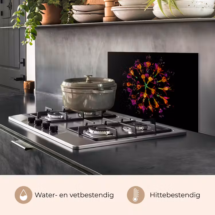 Spatscherm keuken - Bloemen - Oranje - Roze - Zwart — 2