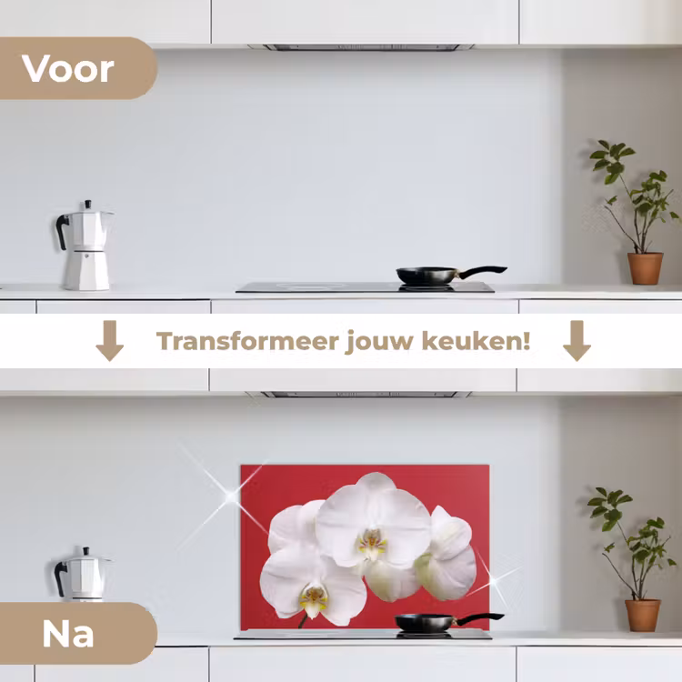 Spatscherm keuken - Witte orchidee op rood — 7