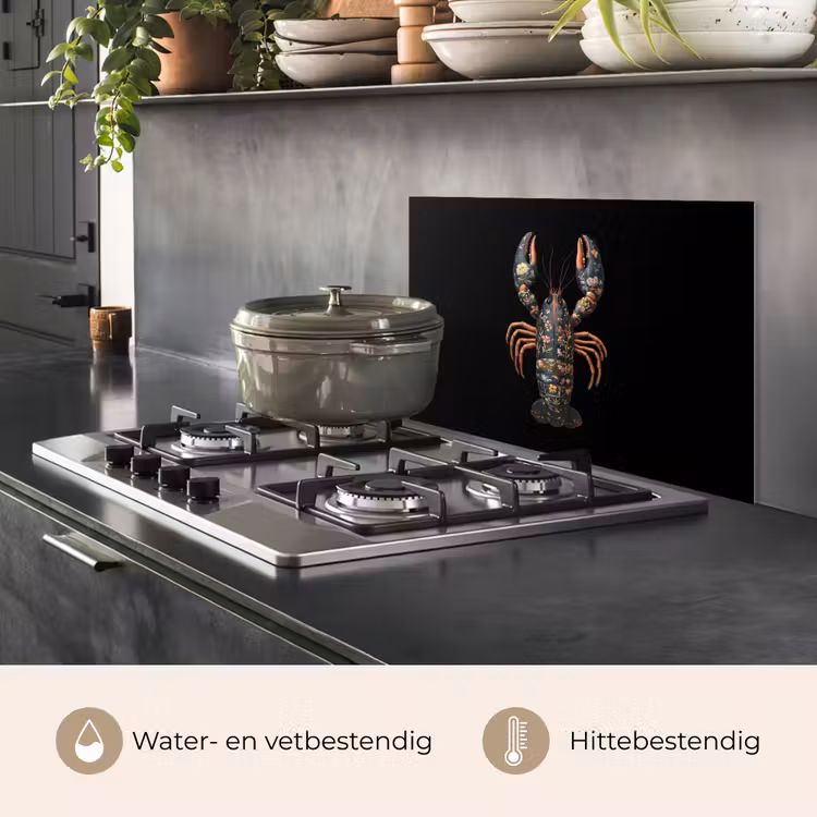 Spatscherm keuken - Kreeft - Zwart - Bloemenpatroon - Artistiek — 2