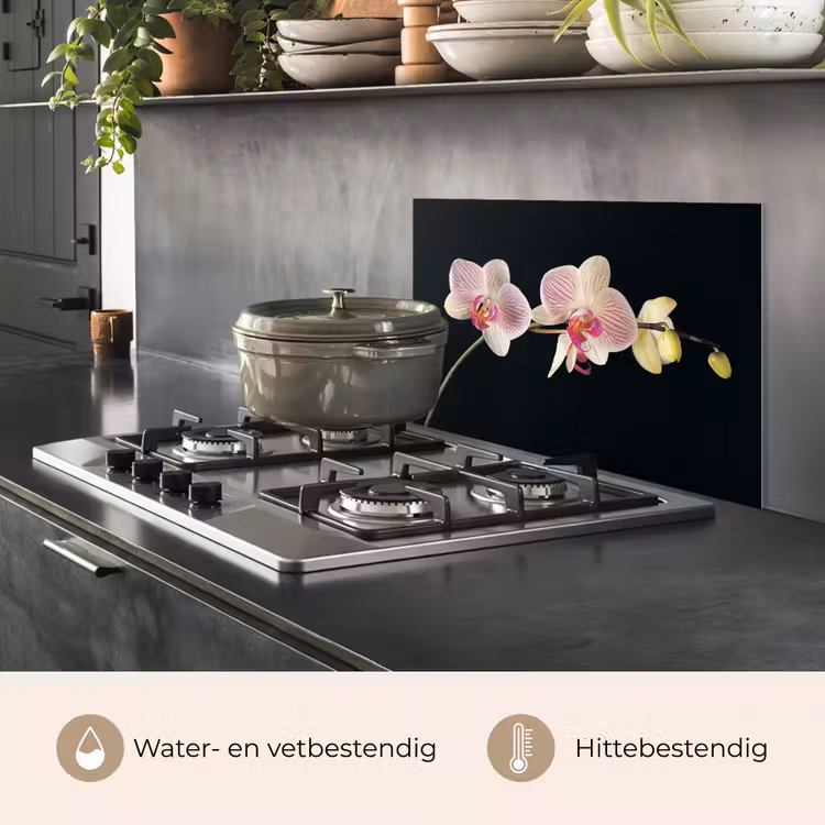 Spatscherm keuken - Gestreepte Orchideeën Elegantie — 2