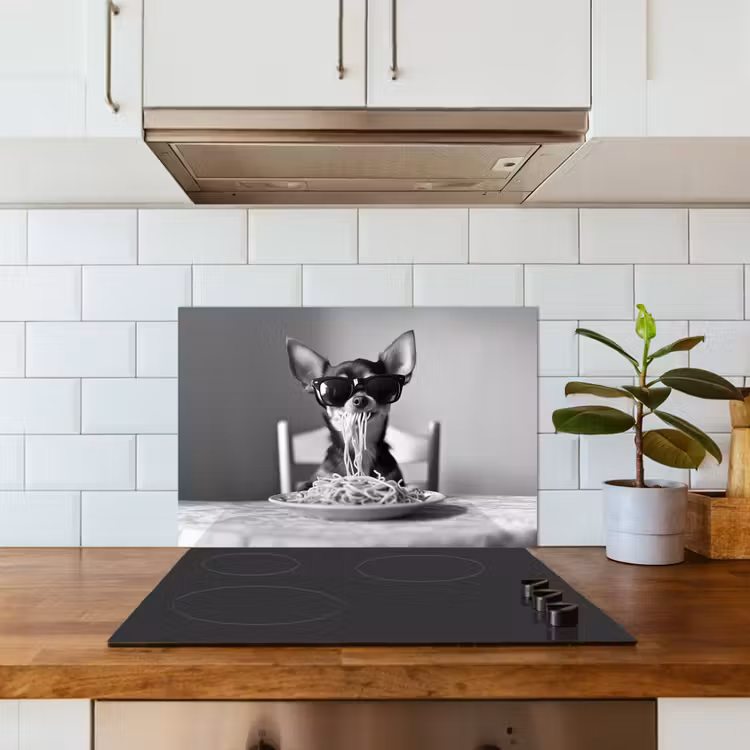 Spatscherm keuken - Chihuahua - Hond - Zonnebril - Humoristisch - Zwart - Wit - Spaghetti — 3