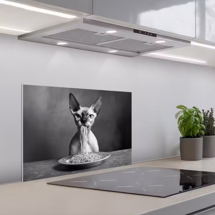 Spatscherm keuken - Sphynx - Kat - Dieren - Humor - Spaghetti - Zwart Wit — 1