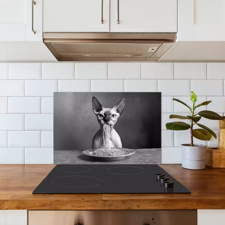 Spatscherm keuken - Sphynx - Kat - Dieren - Humor - Spaghetti - Zwart Wit — 3