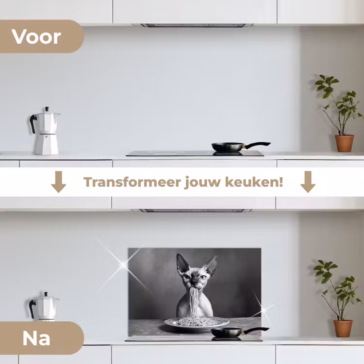 Spatscherm keuken - Sphynx - Kat - Dieren - Humor - Spaghetti - Zwart Wit — 7