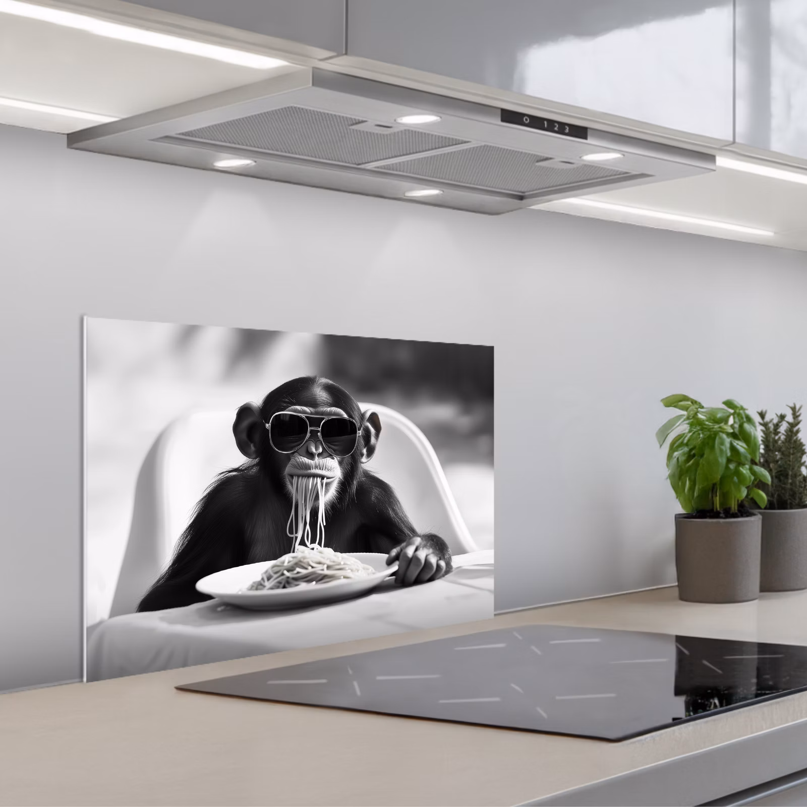Spatscherm keuken - Aap - Spaghetti - Zonnebril - Zwart wit - Cool - Dier — 1