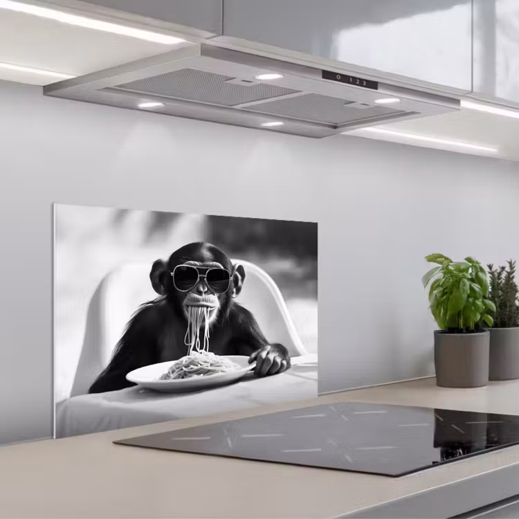 Spatscherm keuken - Aap - Spaghetti - Zonnebril - Zwart wit - Cool - Dier — 1