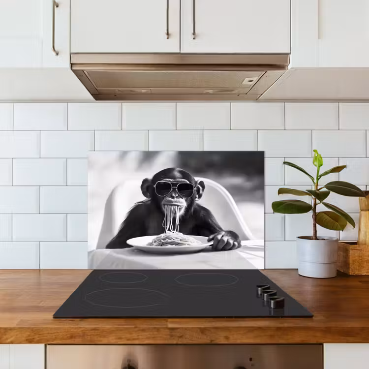Spatscherm keuken - Aap - Spaghetti - Zonnebril - Zwart wit - Cool - Dier — 3