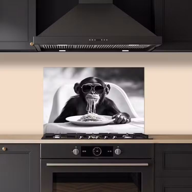 Spatscherm keuken - Aap - Spaghetti - Zonnebril - Zwart wit - Cool - Dier — 5