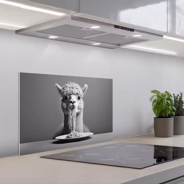 Spatscherm keuken - Alpaca - Pasta - Zwart - Wit - Grappig - Dieren — 1