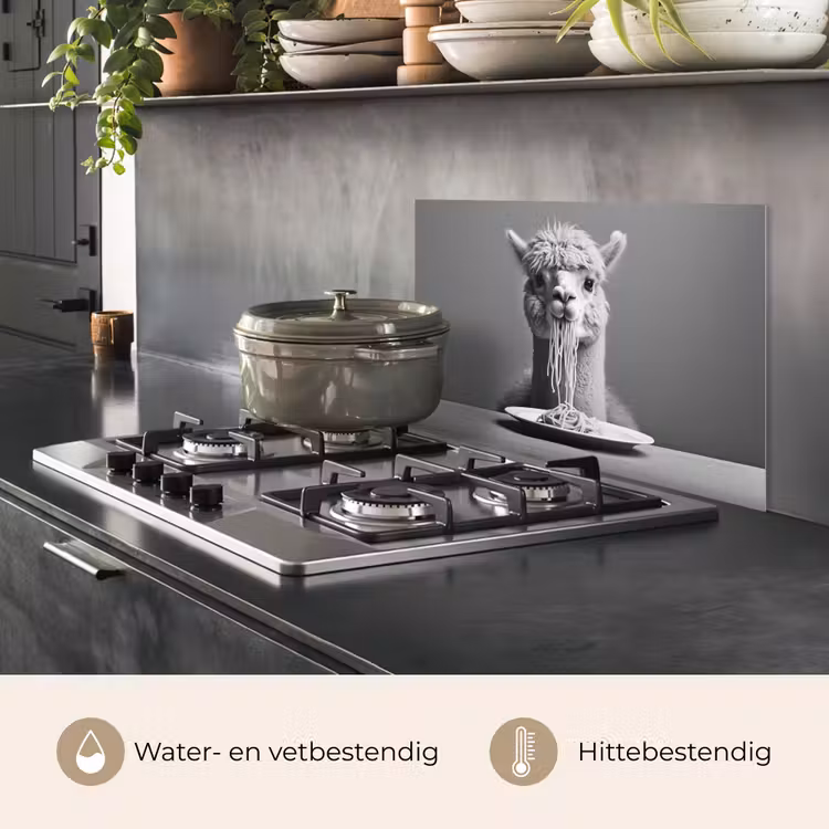 Spatscherm keuken - Alpaca - Pasta - Zwart - Wit - Grappig - Dieren — 2