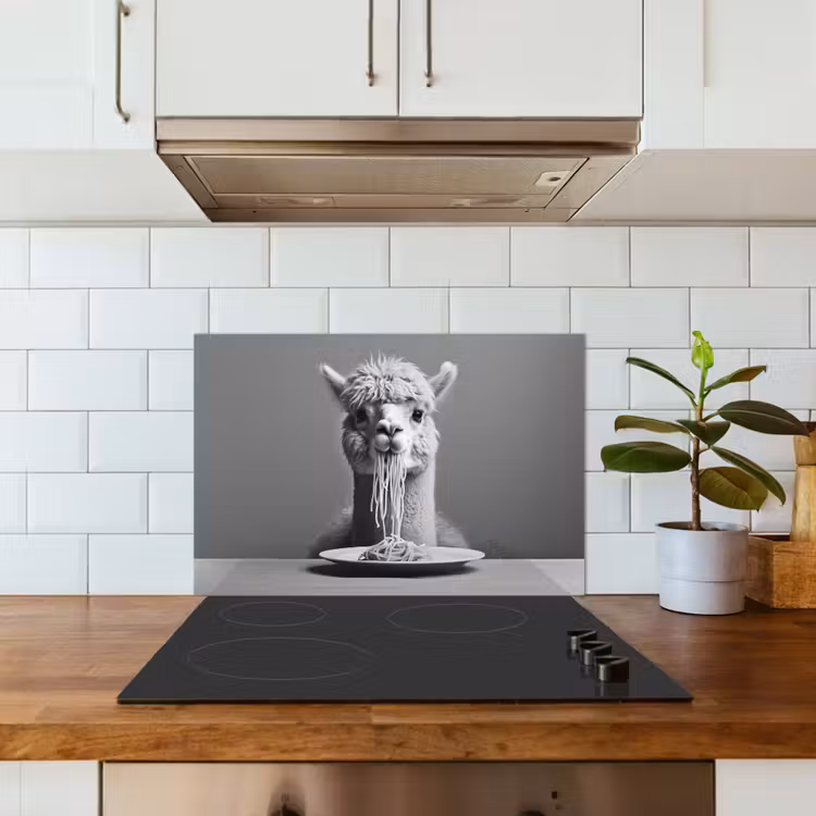 Spatscherm keuken - Alpaca - Pasta - Zwart - Wit - Grappig - Dieren — 3
