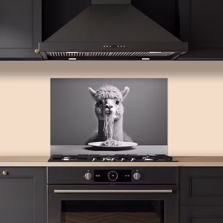 Spatscherm keuken - Alpaca - Pasta - Zwart - Wit - Grappig - Dieren — 5