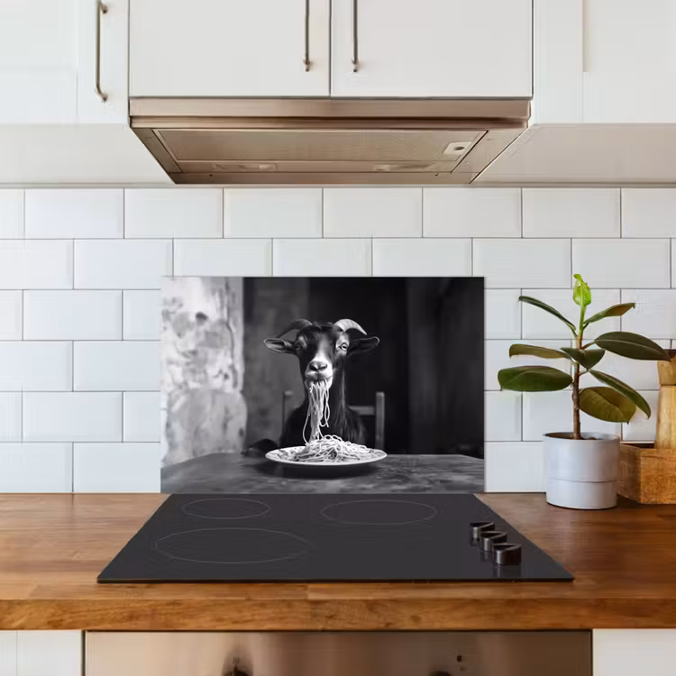 Spatscherm keuken - Geit - Bord - Spaghetti - Zwart Wit — 3