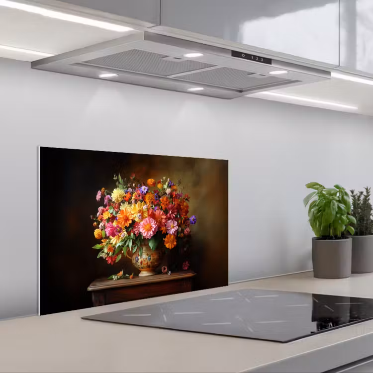 Spatscherm keuken - Kleuren - Boeket - Vaas - Hout — 1