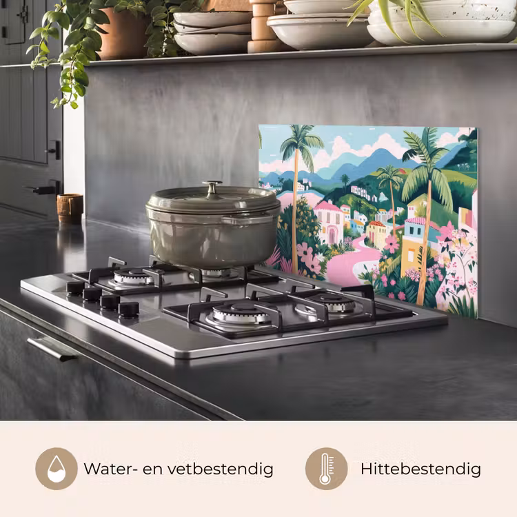 Spatscherm keuken - Kleurrijk - Huizen - Heuvels - Roze — 2