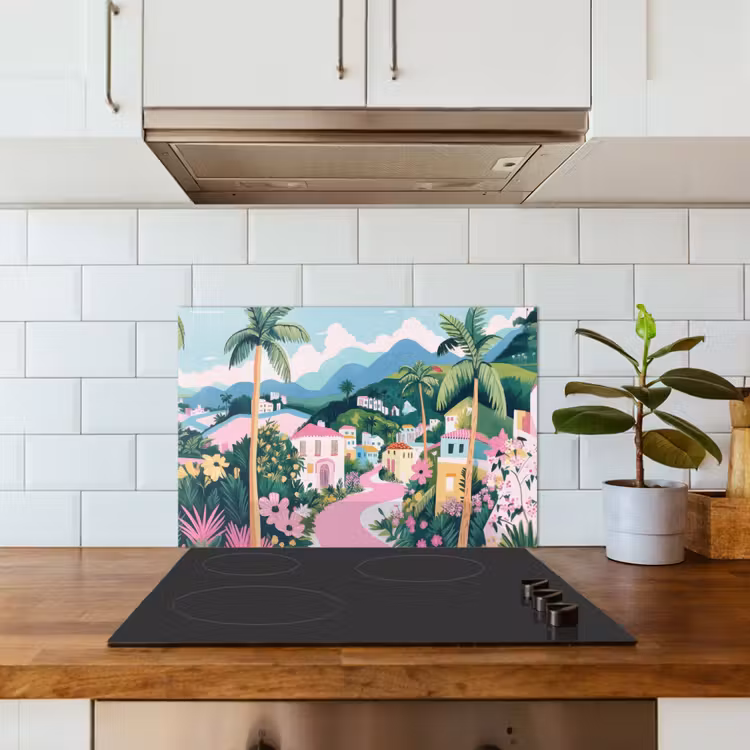 Spatscherm keuken - Kleurrijk - Huizen - Heuvels - Roze — 3