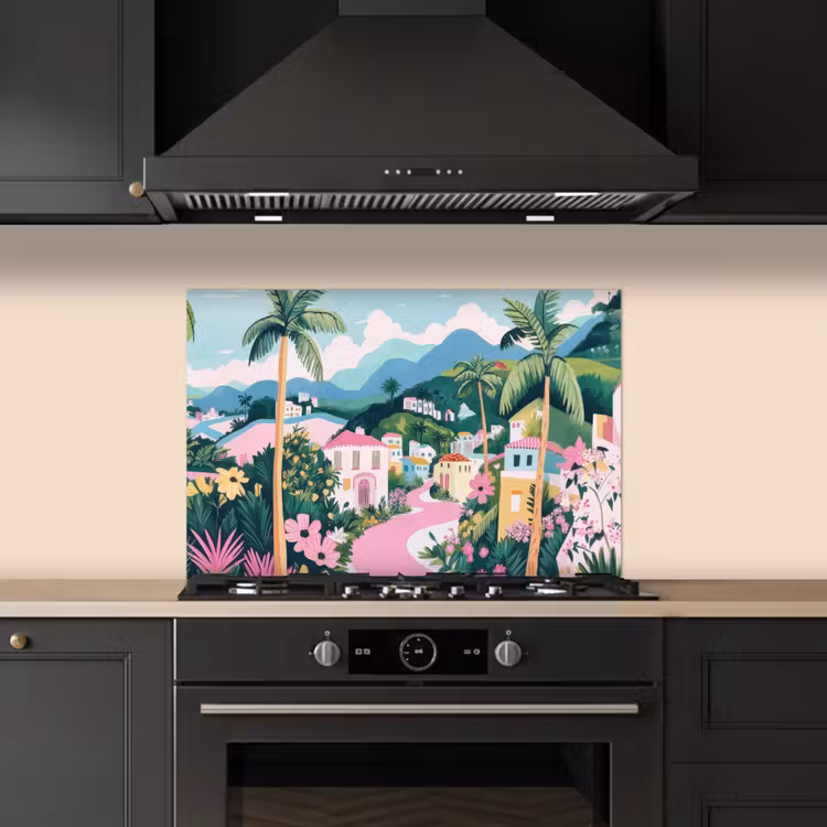 Spatscherm keuken - Kleurrijk - Huizen - Heuvels - Roze — 5