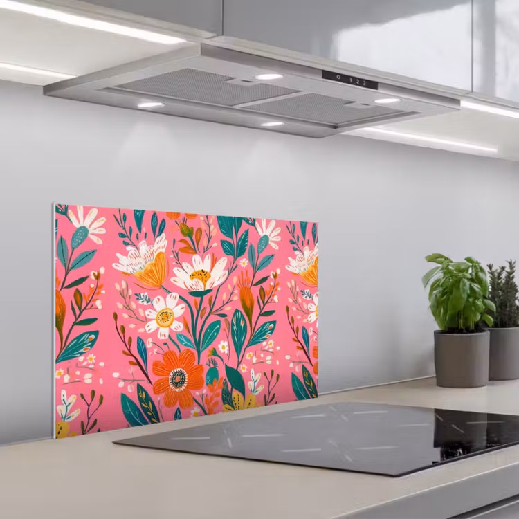 Spatscherm keuken - Roze - Bloemen - Wit - Oranje — 1
