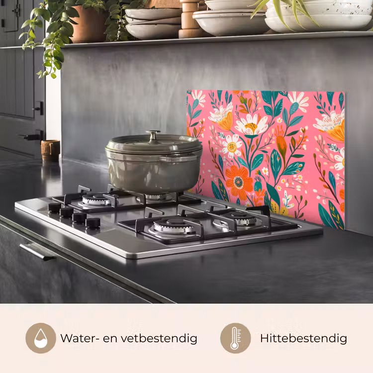 Spatscherm keuken - Roze - Bloemen - Wit - Oranje — 2