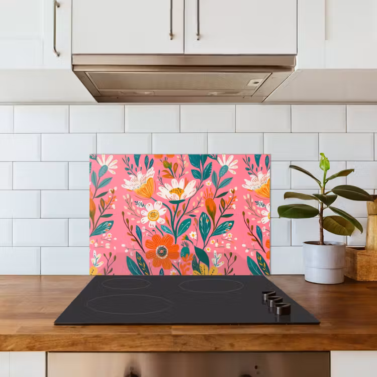 Spatscherm keuken - Roze - Bloemen - Wit - Oranje — 3