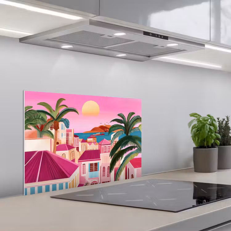 Spatscherm keuken - Stad - Roze - Palmbomen — 1