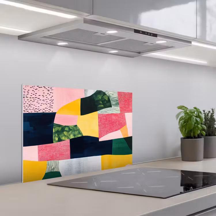 Spatscherm keuken - Abstract - Roze - Lappen - Vormen - Geel — 1