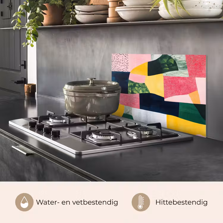 Spatscherm keuken - Abstract - Roze - Lappen - Vormen - Geel — 2