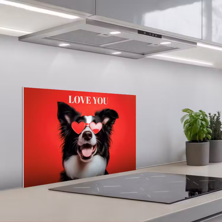 Spatscherm keuken - Hond - Hartjesbril - Loveyou - Rood — 1