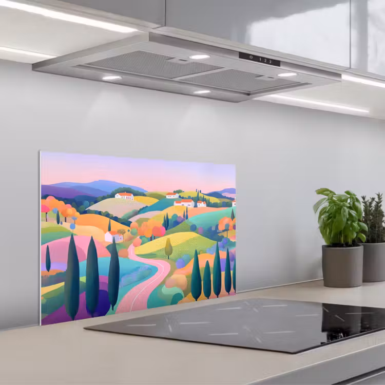 Spatscherm keuken - Landschap - Paars - Pastel - Huizen — 1