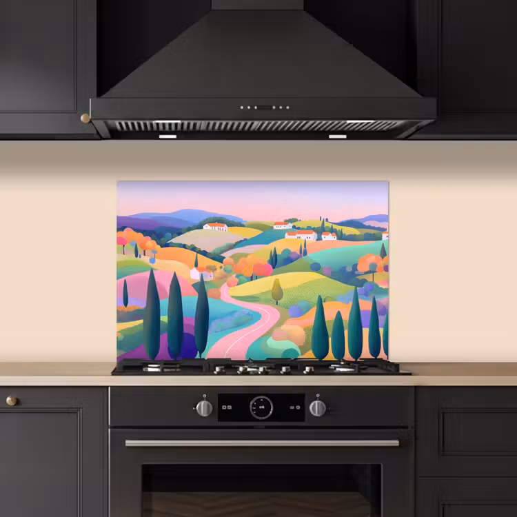 Spatscherm keuken - Landschap - Paars - Pastel - Huizen — 5