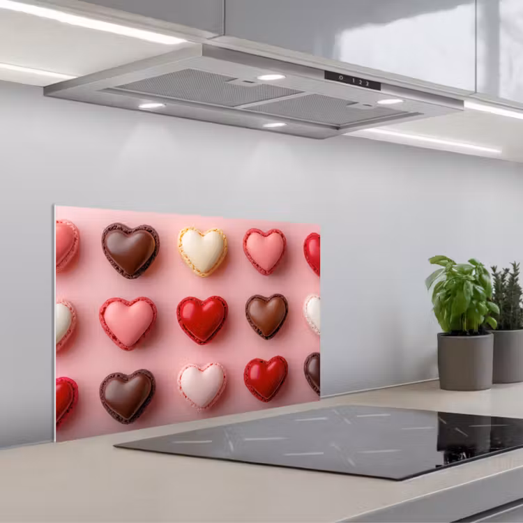 Spatscherm keuken - Macarons - Hartjes - Kleurrijk - Roze — 1