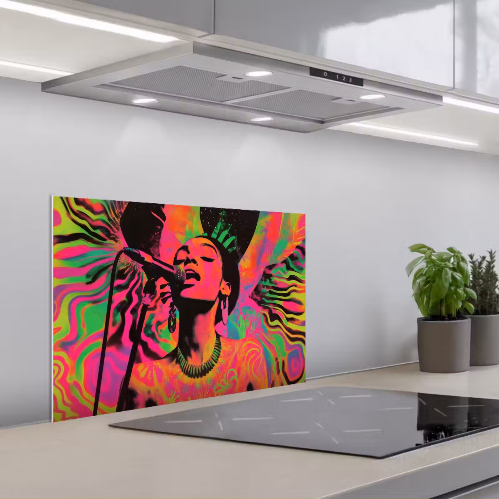 Spatscherm keuken - Neon - Vrouw - Microfoon — 1