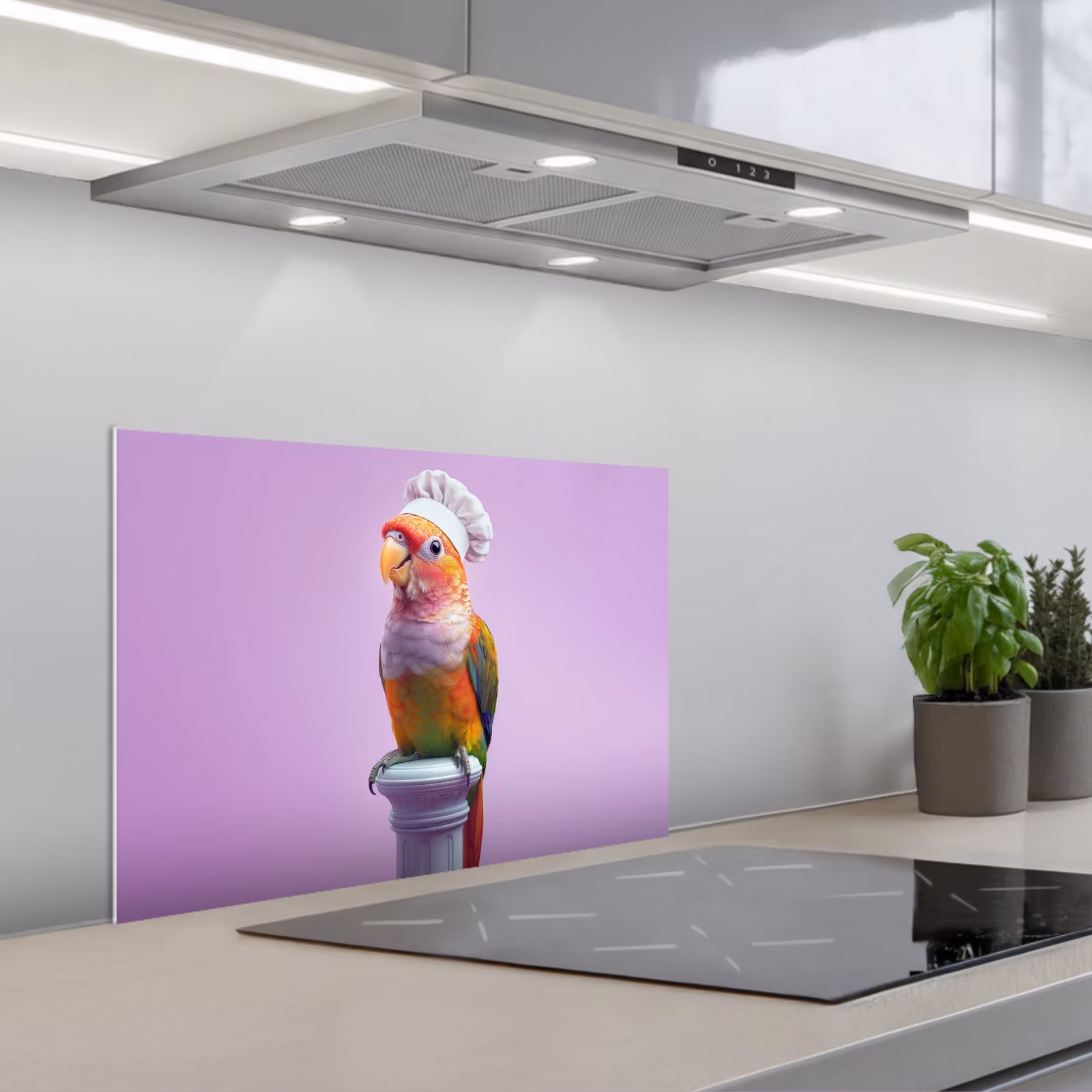 Spatscherm keuken - Papegaai - Koksmuts - Pilaar - Vogel — 1